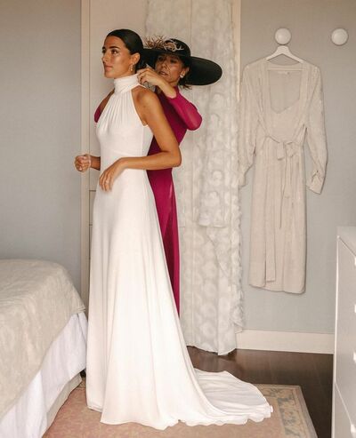 Simple Sheath High Neck Wedding Dress, Satin Wedding Gown Bridal Dress