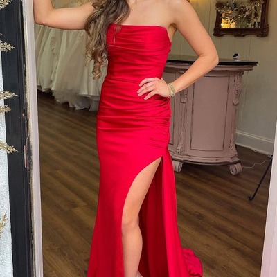 Cute straps red satin mermaid prom dress with slit ,pd230991