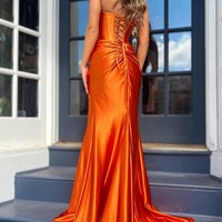 Charming Sweetheart Orange Satin Long Mermaid Prom Dresses with Slit ,PD230993 - Thumbnail 1