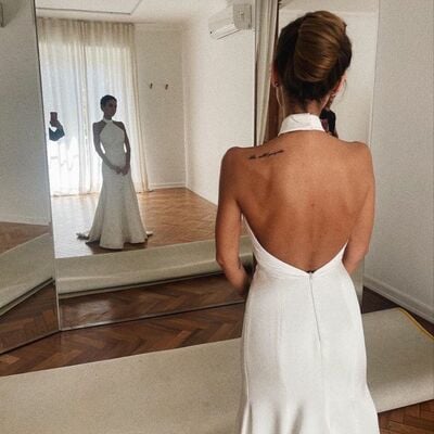 Sexy sheath high neck wedding dress, satin wedding gown bridal dress