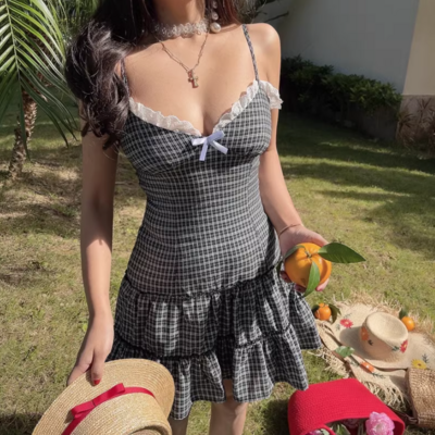 Retro style lace bow slim suspender dress - Thumbnail 5