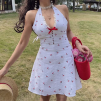 Pastoral seaside holiday style cherry waist tie halter neck dress - Thumbnail 2