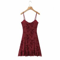 Floral Flocking Print Slim Fit Suspender Dress - Thumbnail 1