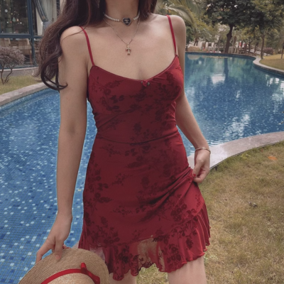 Floral flocking print slim fit suspender dress - Thumbnail 5