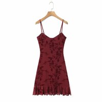 Floral Flocking Print Slim Fit Suspender Dress - Thumbnail 2