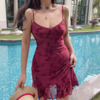 Floral Flocking Print Slim Fit Suspender Dress - Thumbnail 5