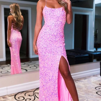 Cute scoop neck pink sequins mermaid prom dresses with slit,pd230995