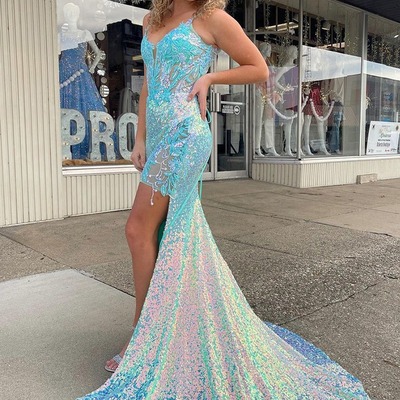 Cute scoop neck sequins mermaid prom dresses with lace,pd230996