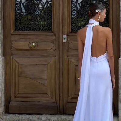 Sexy sheath high neck wedding dress, backless satin wedding gown bridal dress