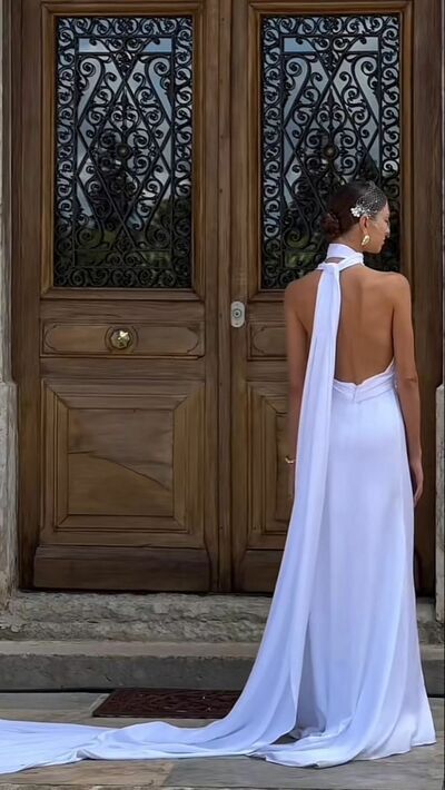 Sexy Sheath High Neck Wedding Dress, Backless Satin Wedding Gown Bridal Dress
