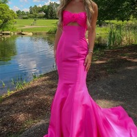 Sweetheart Pink Satin Mermaid Prom Dress with Bow,PD230997 - Thumbnail 1