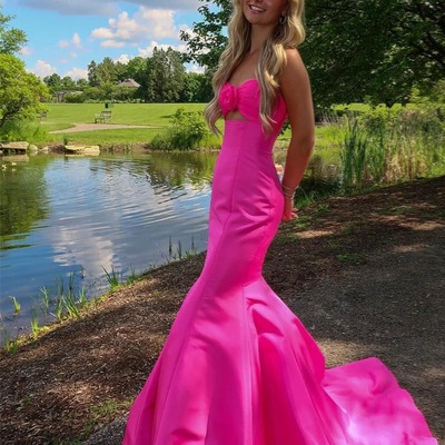 Sweetheart pink satin mermaid prom dress with bow,pd230997