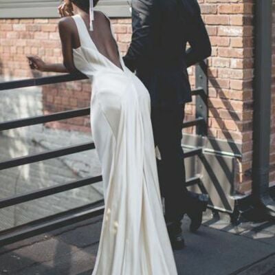 Sexy sheath high neck wedding dress, backless satin wedding gown bridal dress