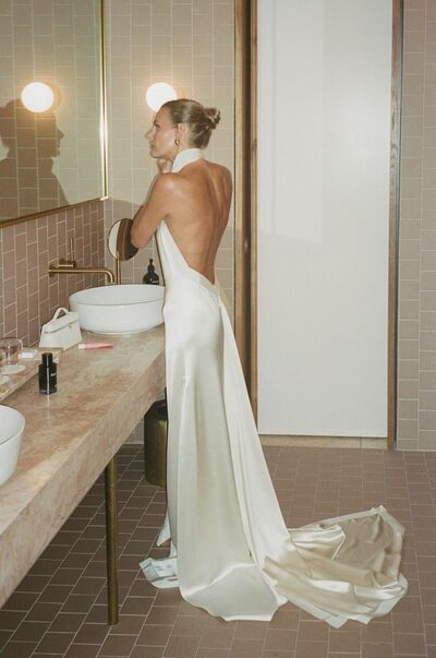 Sexy Sheath High Neck Wedding Dress, Satin Backless Wedding Gown Bridal Dress