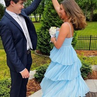 Cute Sweetheart Light Blue Pleat Chiffon A Line Long Prom Dress with Pearls Beading,PD230999 - Thumbnail 3