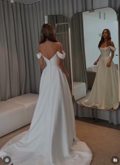 Sexy A-line Wedding Dress, Off Shoulder Satin Wedding Gown Bridal Dress