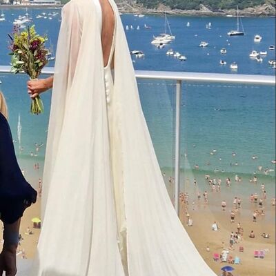 Sexy sheath wedding dress, high neck satin with shawl wedding gown bridal dress - Thumbnail 3
