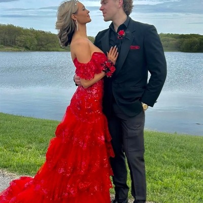 Off the shoulder red lace sequins mermaid prom dress ,pd231001