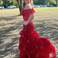Off the Shoulder Red Lace Sequins Mermaid Prom Dress ,PD231001 - Thumbnail 2