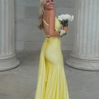 V Neck Black Satin Mermaid Prom Dress with Cross Back ,PD231003 - Thumbnail 1