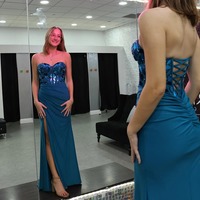Cute Sweetheart Navy Satin Long Mermaid Prom Dress with Beading,PD231006 - Thumbnail 1