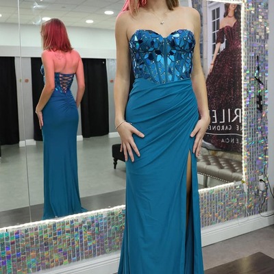 Cute sweetheart navy satin long mermaid prom dress with beading,pd231006