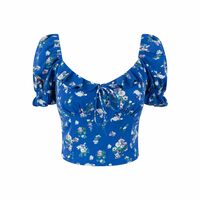 Casual square neck collarbone exposed puff sleeves super short shirt - Thumbnail 3