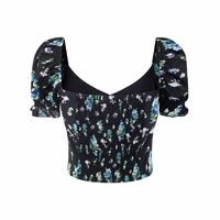 Casual square neck collarbone exposed puff sleeves super short shirt - Thumbnail 4