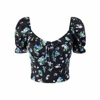 Casual square neck collarbone exposed puff sleeves super short shirt - Thumbnail 3