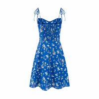 Square Neck Puff Sleeve Short Skirt Waist Slim Floral Dress - Thumbnail 2