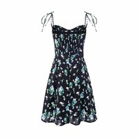 Square Neck Puff Sleeve Short Skirt Waist Slim Floral Dress - Thumbnail 2