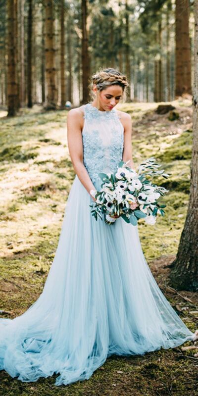 Sexy Blue Sheer Bodice Wedding Dress, Appliques Tulle Wedding Gown Bridal Dress
