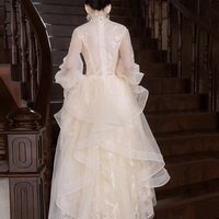 Champagne Tulle Long Sleeve Evening Party Dress - Thumbnail 5