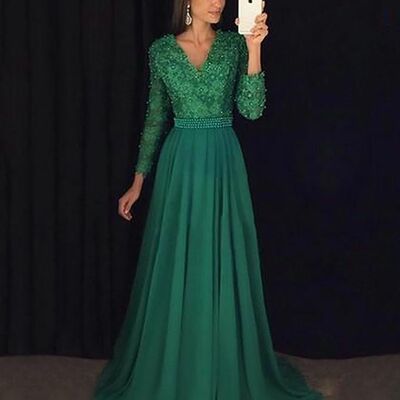 Elegant mother of the bride/groom dress green lace evening formal prom dress