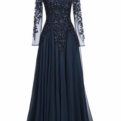 Elegant mother of the bride/groom dress navy blue lace appliques a line evening formal prom dress