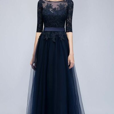 Elegant mother of the bride/groom dress navy blue lace appliques evening formal prom dress