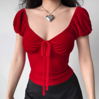 Red velvet v-neck short-sleeved T-shirt - Thumbnail 1