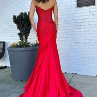 Cute Sweetheart Red Satin Slit Mermaid Prom Dress with Beading ,PD231008 - Thumbnail 1