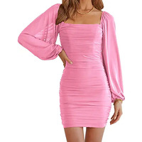 Square Collar lantern long sleeve dress high elastic mesh slim fit short skirt for women - Thumbnail 3