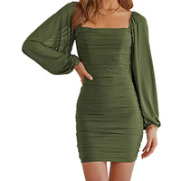 Square Collar lantern long sleeve dress high elastic mesh slim fit short skirt for women - Thumbnail 4