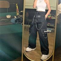 Stunning Punk Goth Chain Rivets Eyelet Straps Embroidery Cargo Trousers Streetwear Rave - Thumbnail 1