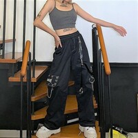 Stunning Punk Goth Chain Rivets Eyelet Straps Embroidery Cargo Trousers Streetwear Rave - Thumbnail 3