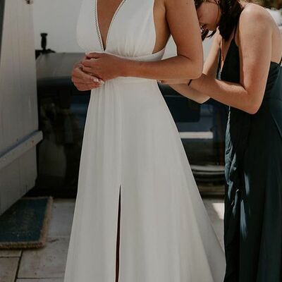 Sexy a-line v-neck wedding dress, open back satin wedding gown bridal dress