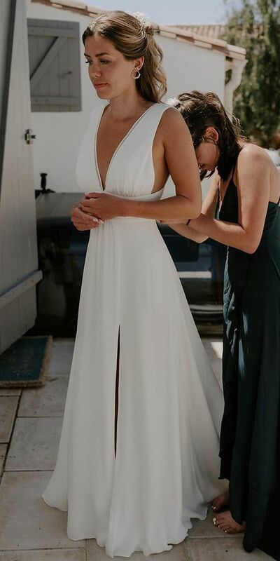 Sexy A-line V-neck Wedding Dress, Open Back Satin Wedding Gown Bridal Dress