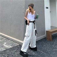 Stunning Punk Goth Chain Rivets Eyelet Straps Embroidery Cargo Trousers Streetwear Rave - Thumbnail 5