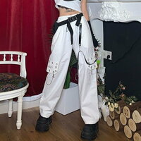 Stunning Punk Goth Chain Rivets Eyelet Straps Embroidery Cargo Trousers Streetwear Rave - Thumbnail 7