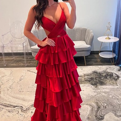 Cute v neck red satin tiered  a line long prom dress with slit , pd231013