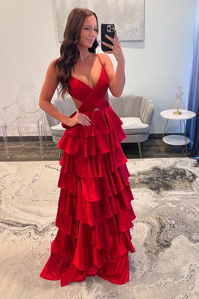 Cute V Neck Red Satin Tiered  A Line Long Prom Dress with Slit , PD231013
