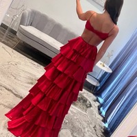 Cute V Neck Red Satin Tiered  A Line Long Prom Dress with Slit , PD231013 - Thumbnail 1
