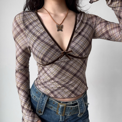Vintage deep v neck long sleeve plaid t-shirt